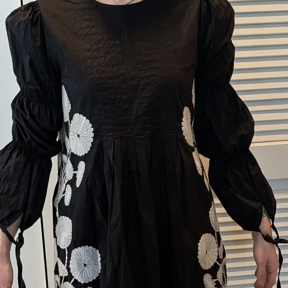 CYNTHIA ROWLEY - Kyoto Embroidered Dress Black/White Floral Long Sleeve SIZE M - Picture 5 of 5